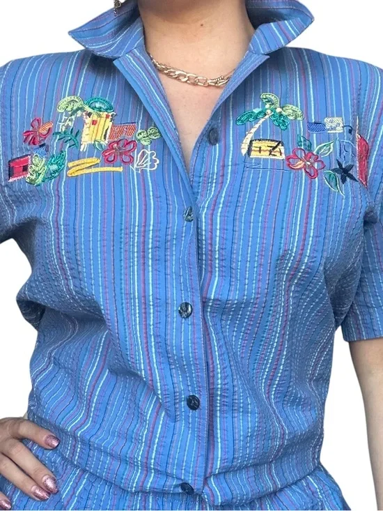 Blue Striped Embroidered Two-Piece Set - Picture 5 of 7